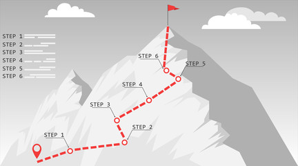 Climbing to the top. Map of the ascent to the top with a route and labels. Vector illustration.