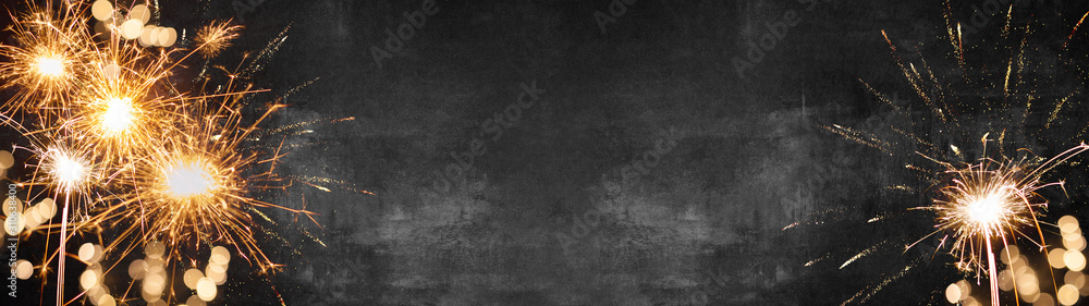 Silvester background banner panorama long- firework on rustic dark black grey stone concrete texture, with space for text - obrazy, fototapety, plakaty 