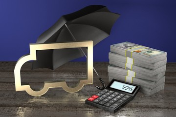 Wall Mural - Truck shape, money, umbrella - insurance concept - 3D rendering