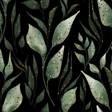 Green Leaves And Branches Seamless Pattern On Black. Watercolor Illustration