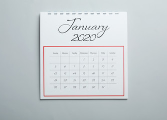 Wall Mural - January 2020 calendar on light grey background, top view