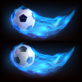Fototapeta  - Flying soccer ball in blue fire isolated on black background. Vector realistic symbol of football in plasma flame with sparks. Template for poster, banner for the match of sport tournament