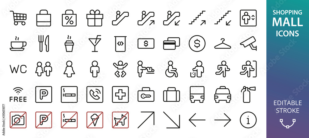 Shopping Mall icons set. Set of toilet signs, invalid wc, mother and baby room, diaper change, atm, information, no smoking, no parking, pets, ice cream, no camera photo, currency exchange icon - obrazy, fototapety, plakaty 