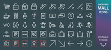 Shopping Mall Rectangular Icons Set. Set Of Elevator, Escalator, Lift, Stairs Up And Down, Smoking Area, Diaper Change, Wc, Man Toilet, Female Wc, Wheelchair Isolated Vector Icon On Dark Background