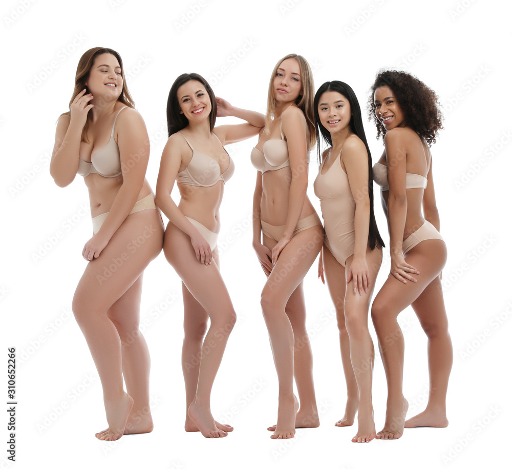 Group of women with different body types in underwear on white background - obrazy, fototapety, plakaty 