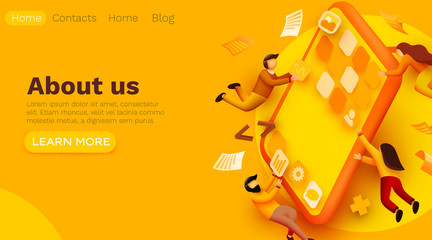 Modern banner template with tiny people and giant smartphone. mobile app design. User interface development concept. Small people building applications. Website template.
