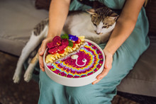 Young Woman Having A Mediterranean Breakfast Seated At Her Sofa And With Her Cat And Eats Healthy Tropical Breakfast, Smoothie Bowl With Tropical Fruits, Decorated With A Pattern Of Colorful Yogurt