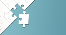 Top View Of Jigsaw Puzzle With One Piece Left On Blue Background, Completing A Task Or Solving A Problem Concept