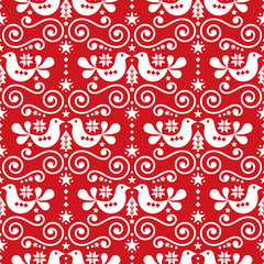 Scandinavian Christmas folk seamless vector pattern, repetitive floral cute Nordic design with birds in white on red background