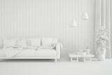 Fototapeta  - Mock up of stylish room in white color with sofa. Scandinavian interior design. 3D illustration