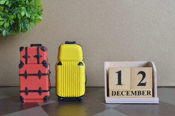 Appointment Date 12, December, Holiday, Travel cover with number cube and luggage.