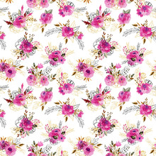 Seamless Pattern With Watercolor Floral Bouquets In Crimson, Brown And Golden Colors; Hand Drawn Floral Design On White Background