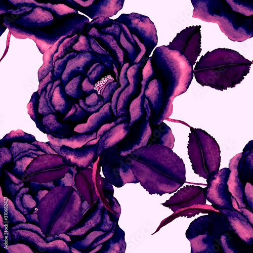 Watercolor seamless pattern with roses. Romantic floral composition.Botanical...