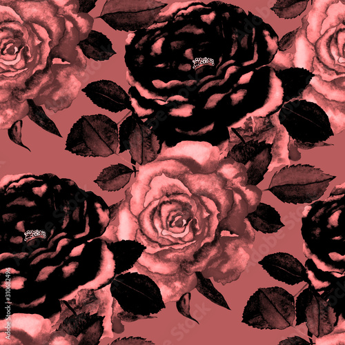 Watercolor seamless pattern with roses. Romantic floral composition.Botanical...
