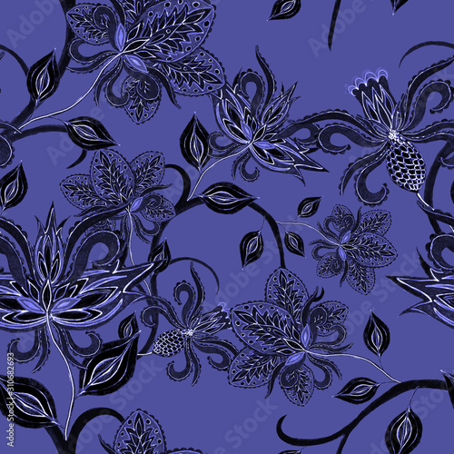 Watercolor seamless pattern with paisley flowers in ethnic style. Floral deco...