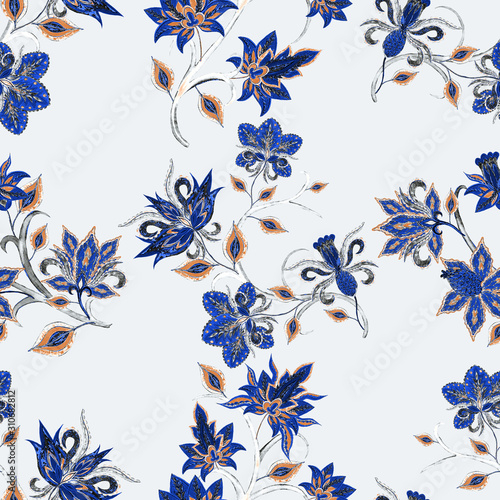 Watercolor seamless pattern with paisley flowers in ethnic style. Floral deco...