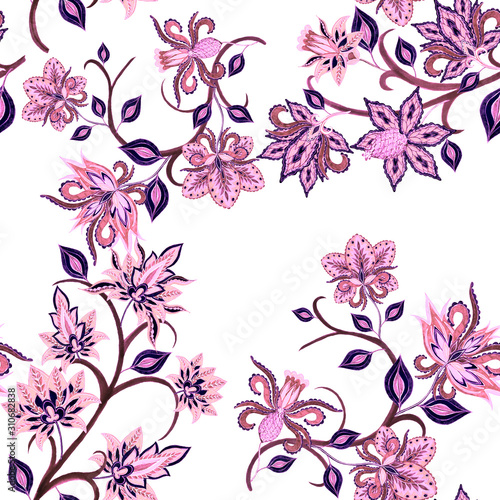 Watercolor seamless pattern with paisley flowers in ethnic style. Floral deco...