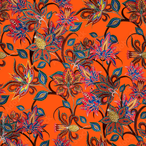 Watercolor seamless pattern with paisley flowers in ethnic style. Floral deco...