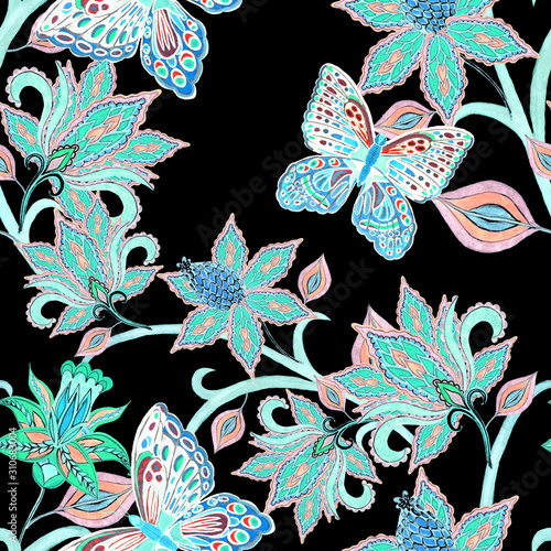 Watercolor seamless pattern with paisley fantasy flowers and butterflies in e...