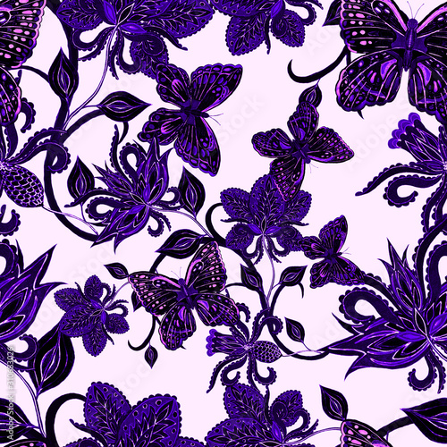 Watercolor seamless pattern with paisley fantasy flowers and butterflies in e...