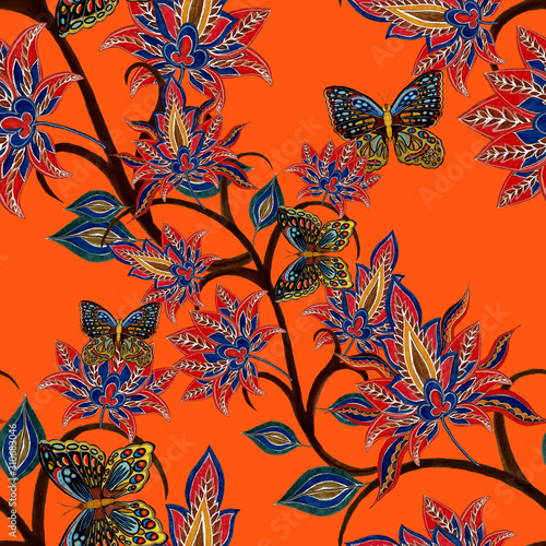 Watercolor seamless pattern with paisley fantasy flowers and butterflies in e...