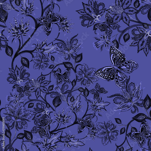 Watercolor seamless pattern with paisley fantasy flowers and butterflies in e...
