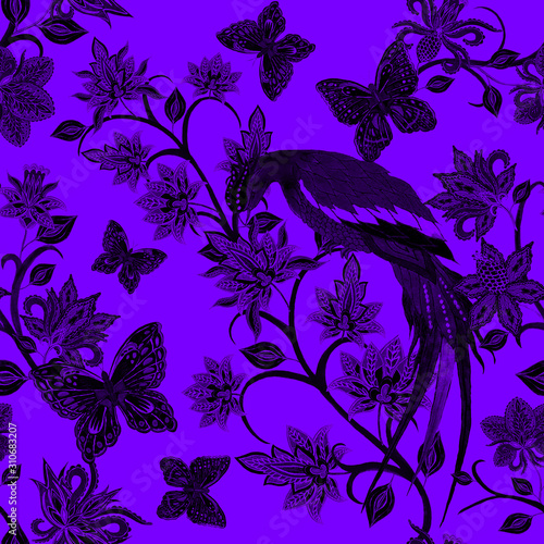 Watercolor seamless pattern with paisley flowers, butterflies and birds in et...