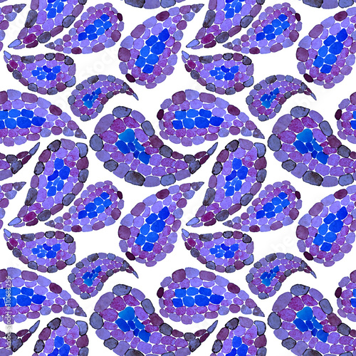 Watercolor seamless pattern with paisley in mosaic style. Tribal ethnic seaml...