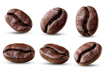 Wall Mural - Coffee roasted pieces grains.Coffee Clipping Path on white isolated.Image stack Full depth of field macro