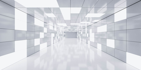 Abstract white hallway interior background empty room with blue random lighting 3d render illustration