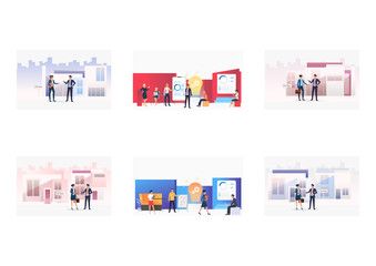 Wall Mural - Property sale set. Real estate agent and customer meeting at building for sale. Flat vector illustrations. Business, partnership concept for banner, website design or landing web page