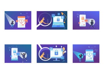 Wall Mural - hacker attack set. cybercriminal using computer, caught with spotlight. flat vector illustrations. v