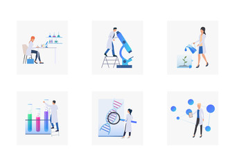 Wall Mural - lab research set. scientists using microscope, test tube, watching dna molecule. flat vector illustr