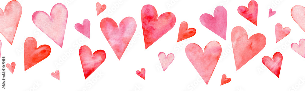 Seamless watercolor header with pink and red hearts on white background. Valentine's day border. - obrazy, fototapety, plakaty 
