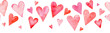 Seamless watercolor header with pink and red hearts on white background. Valentine's day border.
