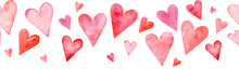 Seamless Watercolor Header With Pink And Red Hearts On White Background. Valentine's Day Border.