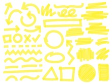 Highlight Marker Strokes. Yellow Checkmark Marks, Text Highlighter Lines And Highlights Marking Vector Set. Bright Arrows, Geometric Shapes, Lines And Random Scratches Isolated On White Background