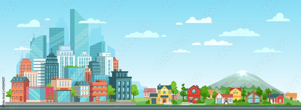Suburban and urban cityscape. Modern city architecture, suburban or village houses and summer landscape vector illustration. Metropolis skyline and suburbs. Financial district and countryside panorama - obrazy, fototapety, plakaty 