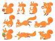 Cartoon squirrel. Cute squirrels with red furry tail, mammals animals and brown fur squirrel vector set. Adorable forest fauna, funny wildlife stickers collection. Happy cub illustrations pack