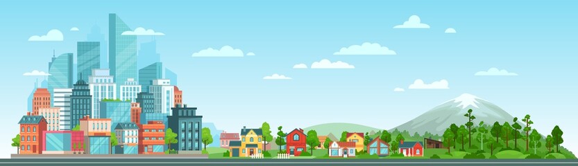 Urban and nature landscape. Modern city buildings, suburban houses and wild forest vector illustration. Contemporary metropolis with skyscrapers, suburbs with cottages and woods panorama