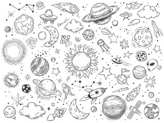 space doodle. astrology doodles, sketch space universe planets and hand drawn cosmic rocket vector i