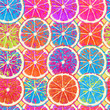 Citrus slices displayed in vibrant rainbow colors, Pop art style seamless vector pattern.