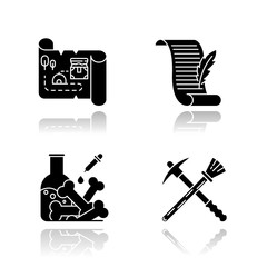 Canvas Print - Archeology drop shadow black glyph icons set. Treasure map. Ancient manuscript. Laboratory research. Restoration equipment. Pickaxe and brush. Poetry, letter. Isolated vector illustrations