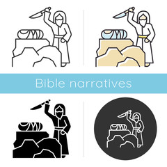 Poster - Binding of Isaac icon. Hebrew Bible story. Abraham sacrificing son on Moriah altar. Christian religion. Biblical narrative. Glyph, chalk, linear and color styles. Isolated vector illustrations