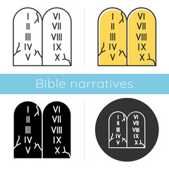 Poster - Ten Commandments Bible story icon. Biblical laws written on stone tablets. Religious legend. Holy book narrative, sacred scene. Glyph, chalk, linear and color styles. Isolated vector illustrations