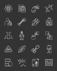 Sticker - Science and nature interaction chalk icons set. Biotechnologies equipment. Experiment methodology. Working in laboratory. Product synthesis. Organic chemistry. Isolated vector chalkboard illustrations