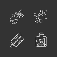 Sticker - Science development chalk icons set. Biotechnologies products. Artificial sweetener. Working in laboratory. Producing chemicals. Organic chemistry research. Isolated vector chalkboard illustrations