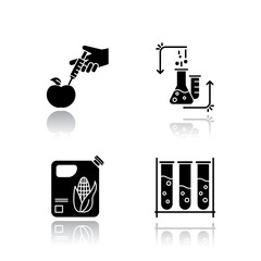 Poster - Science and nature drop shadow black glyph icons set. Biotechnologies products. Experiment methodology. Working in laboratory. Organic chemistry research. Isolated vector illustrations