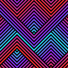 Wall Mural - Vector geometric seamless pattern with zigzag lines, stripes, chevron, halftone effect. Abstract sport style graphic texture. Trendy background in 1990s style. Neon gradient, vibrant red, purple, cyan