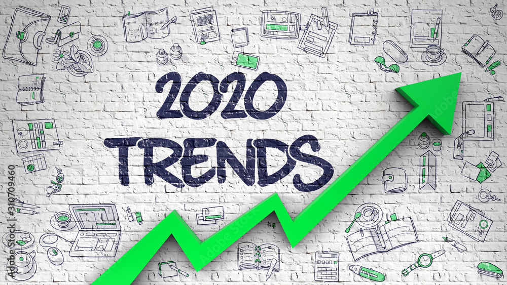 Brick Wall with 2020 Trends Inscription and Green Arrow. Business Concept. 2020 Trends - Development Concept. Inscription on White Brickwall with Doodle Icons Around. - obrazy, fototapety, plakaty 